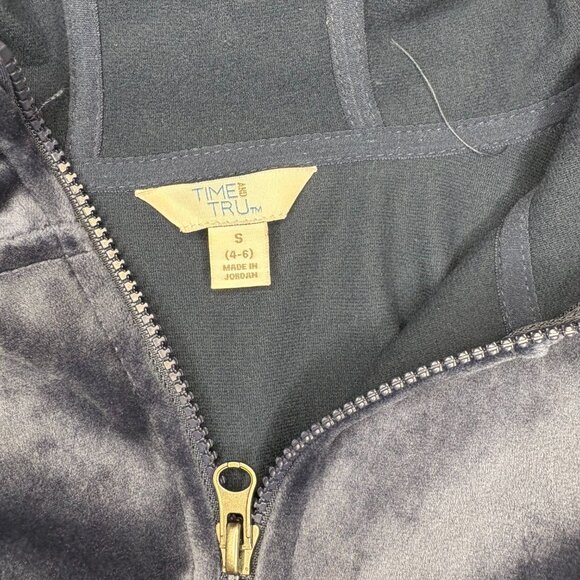 Time & Tru Velour Full Zip Hooded Sweater Womens Sz Small (4-6) Blue Glam Comfy - Picture 2 of 7